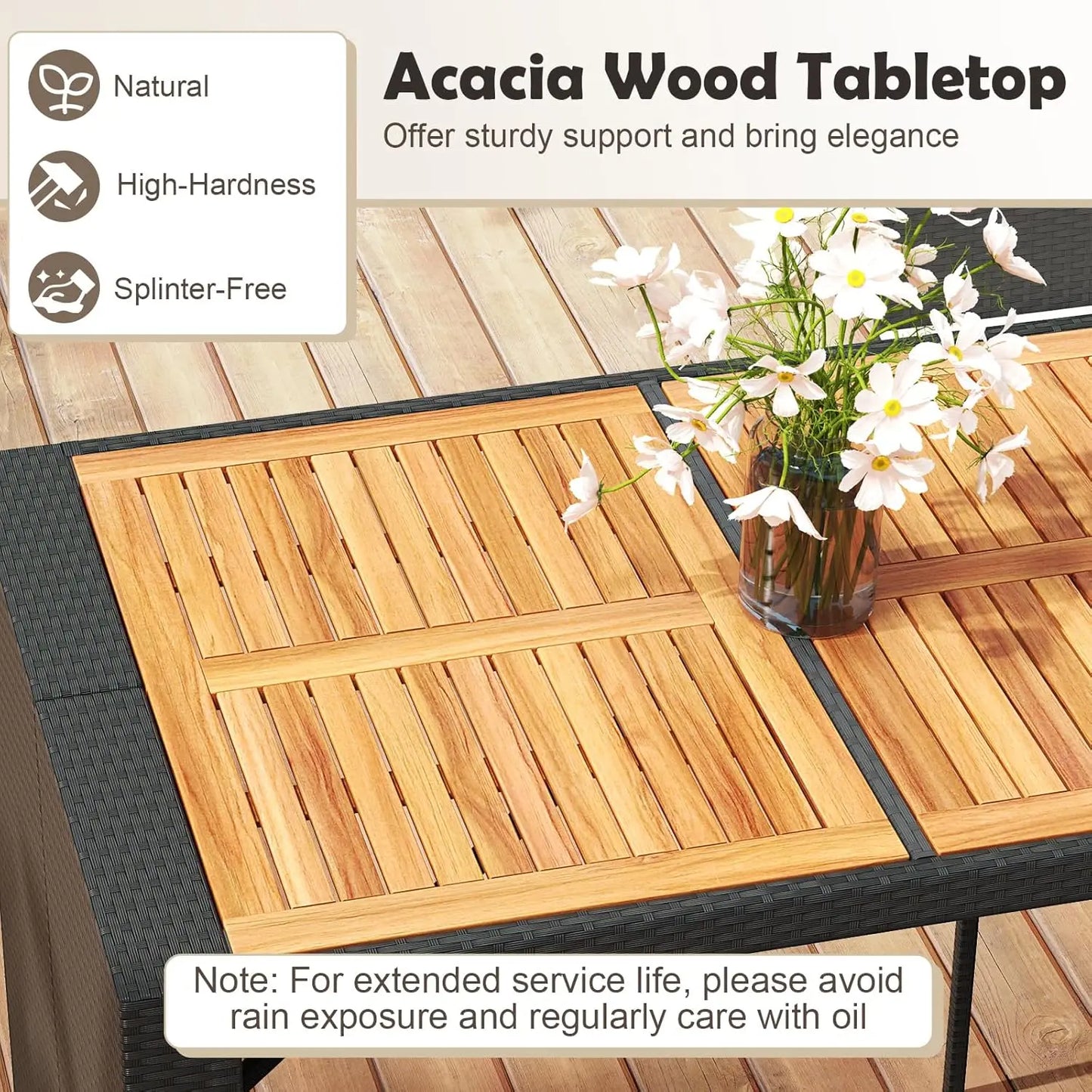 7-Piece Outdoor Bistro Bar Set - Rattan, Bar Height Dining Table w/Acacia Wood Top & 6 Bar Stools Chairs,