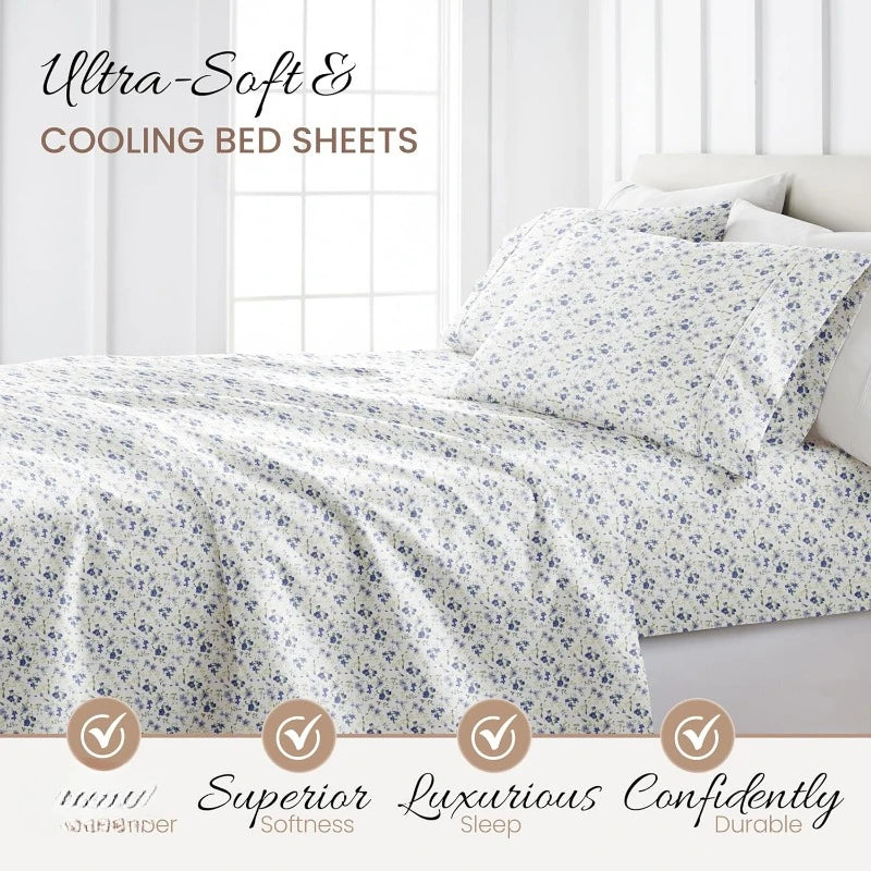 4-Piece Queen Sheet Set (Light Blue Floral) - Ultra-Soft & Cooling