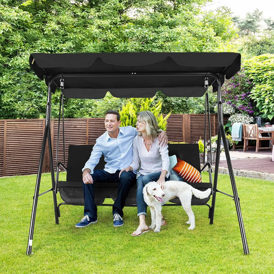 3-Seat Black Patio Swing Chair, Adjustable Canopy, Durable Steel Frame, Patio, Garden, Poolside