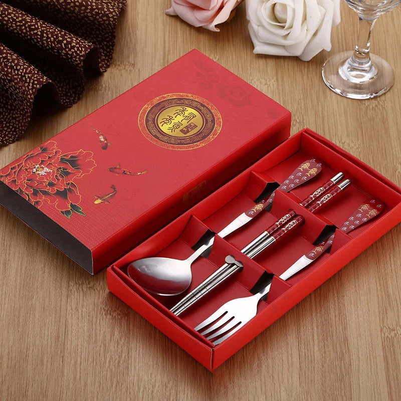 3PC Set of Red and White Porcelain Stainless Chopsticks Spoon Fork