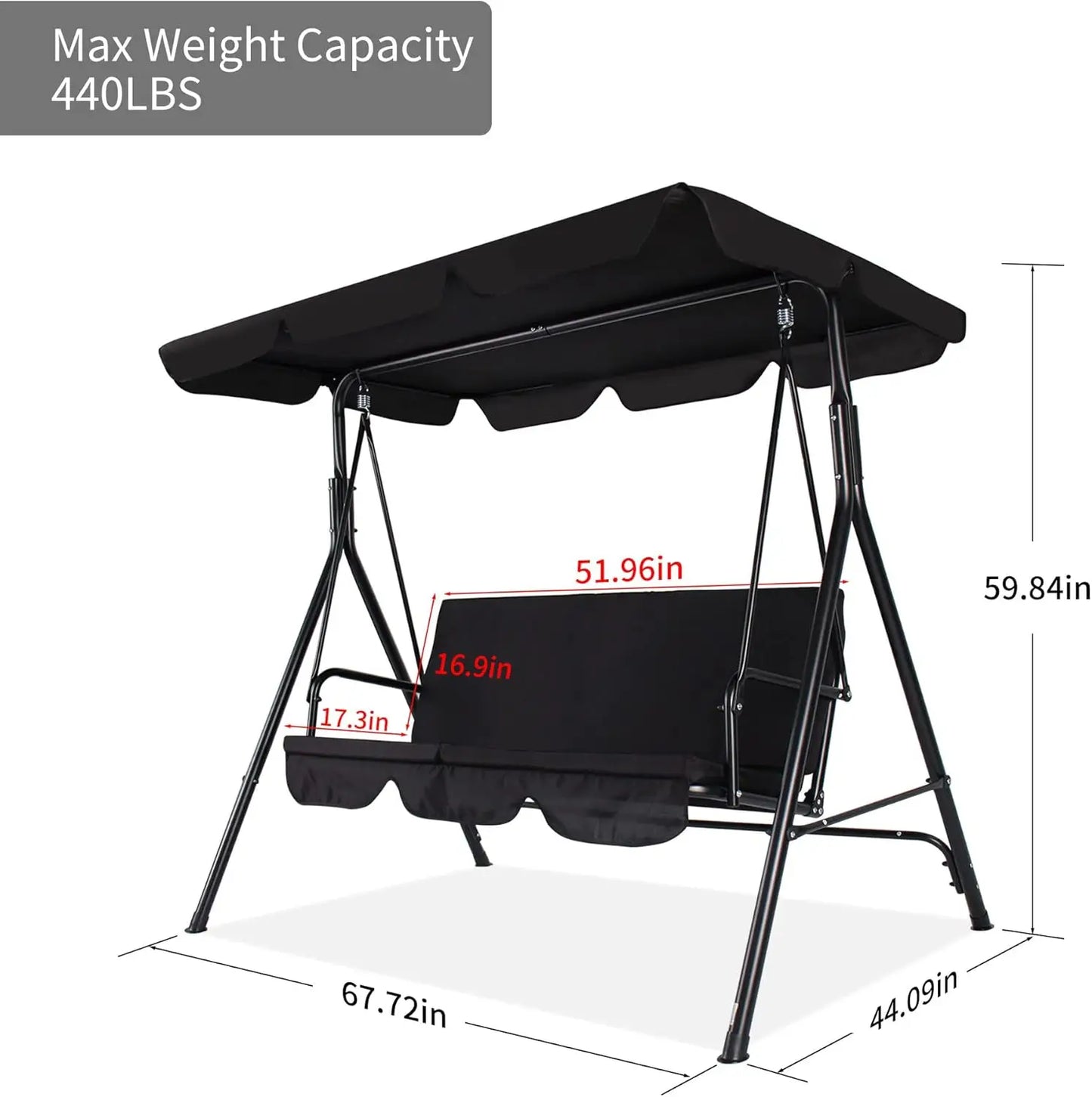 3-Seat Black Patio Swing Chair, Adjustable Canopy, Durable Steel Frame, Patio, Garden, Poolside