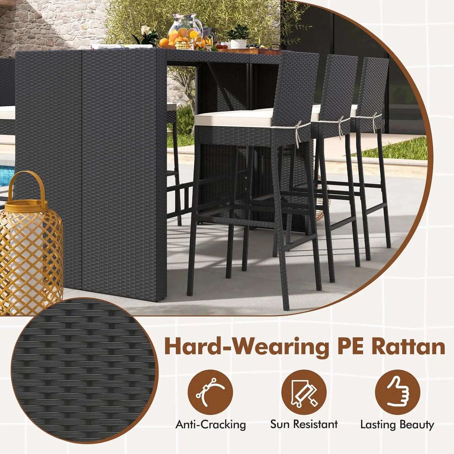 7-Piece Outdoor Bistro Bar Set - Rattan, Bar Height Dining Table w/Acacia Wood Top & 6 Bar Stools Chairs,