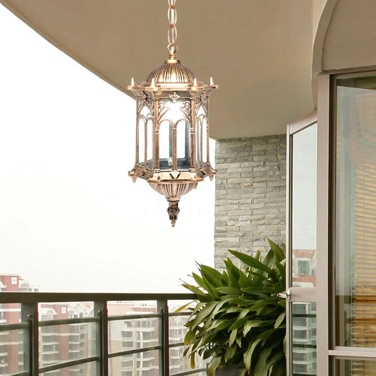 LED Waterproof Outdoor Hanging Light, Retro Chandelier, Bronze Color, Glass Lampshade