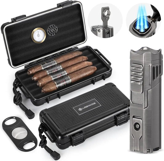 Portable Cigar Travel Humidor and Cigar Set, Humidifier, Hygrometer, Cutter, Lighter