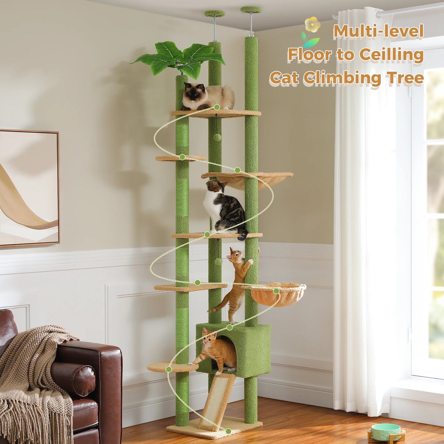 Cat Tree, Floor to Ceiling Cat Tower, Adjustable Height