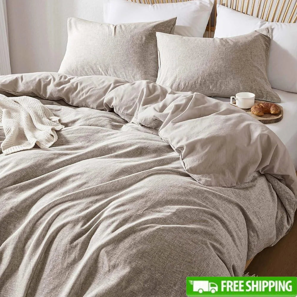 Organic Linen-Cotton Blend Duvet Cover Set, Queen Size, 3Pcs, Minimalist