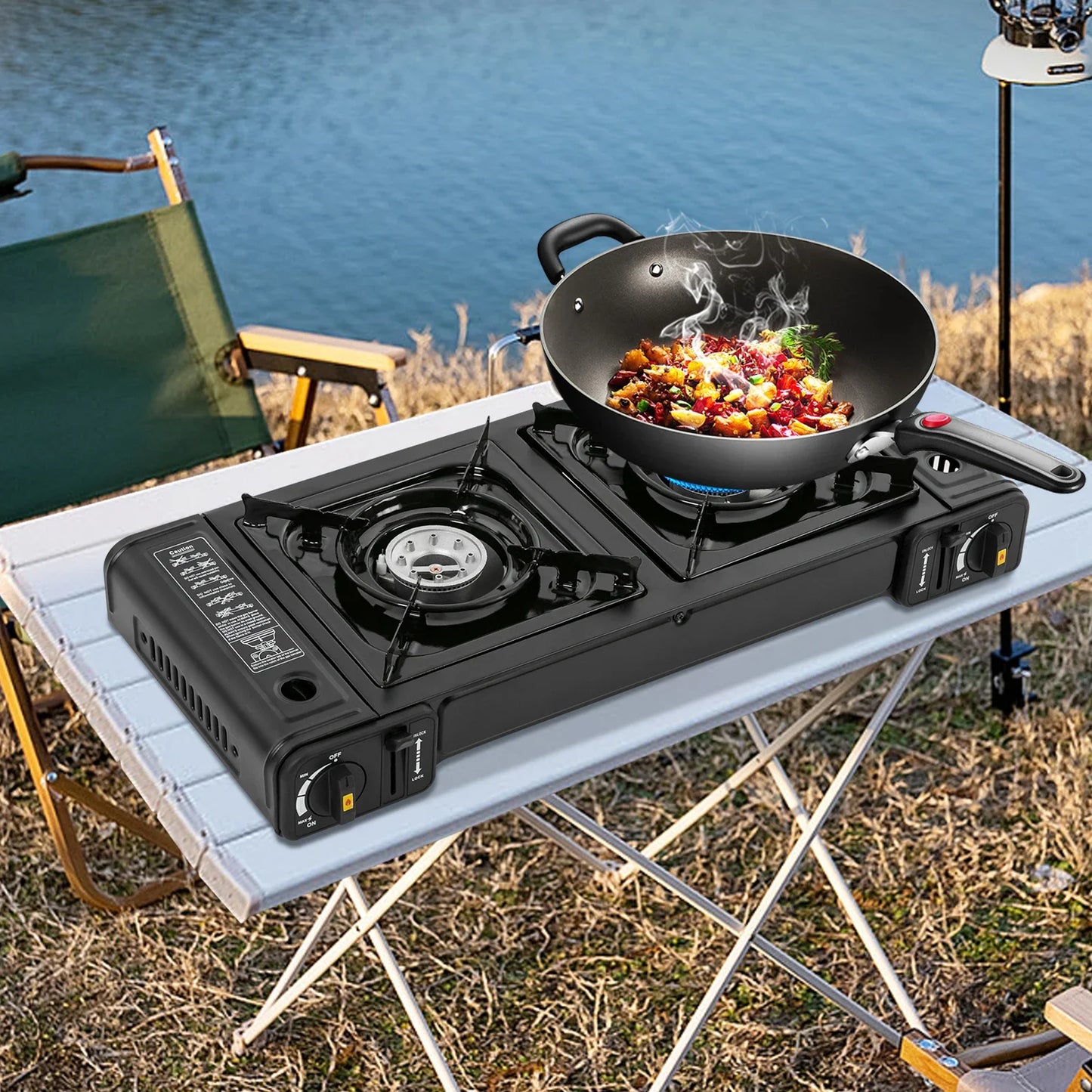 Portable Camping Stove, 2 Burners, Butane, Carrying Case, Adjustable Fire Power, Auto Ignition