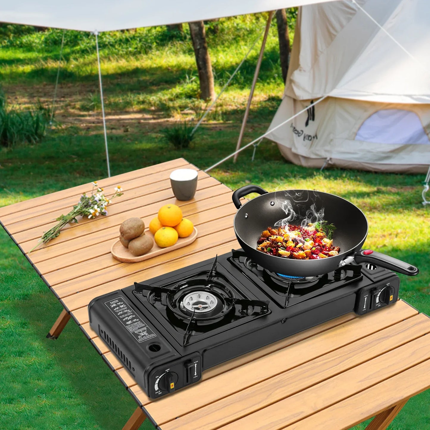 Portable Camping Stove, 2 Burners, Butane, Carrying Case, Adjustable Fire Power, Auto Ignition