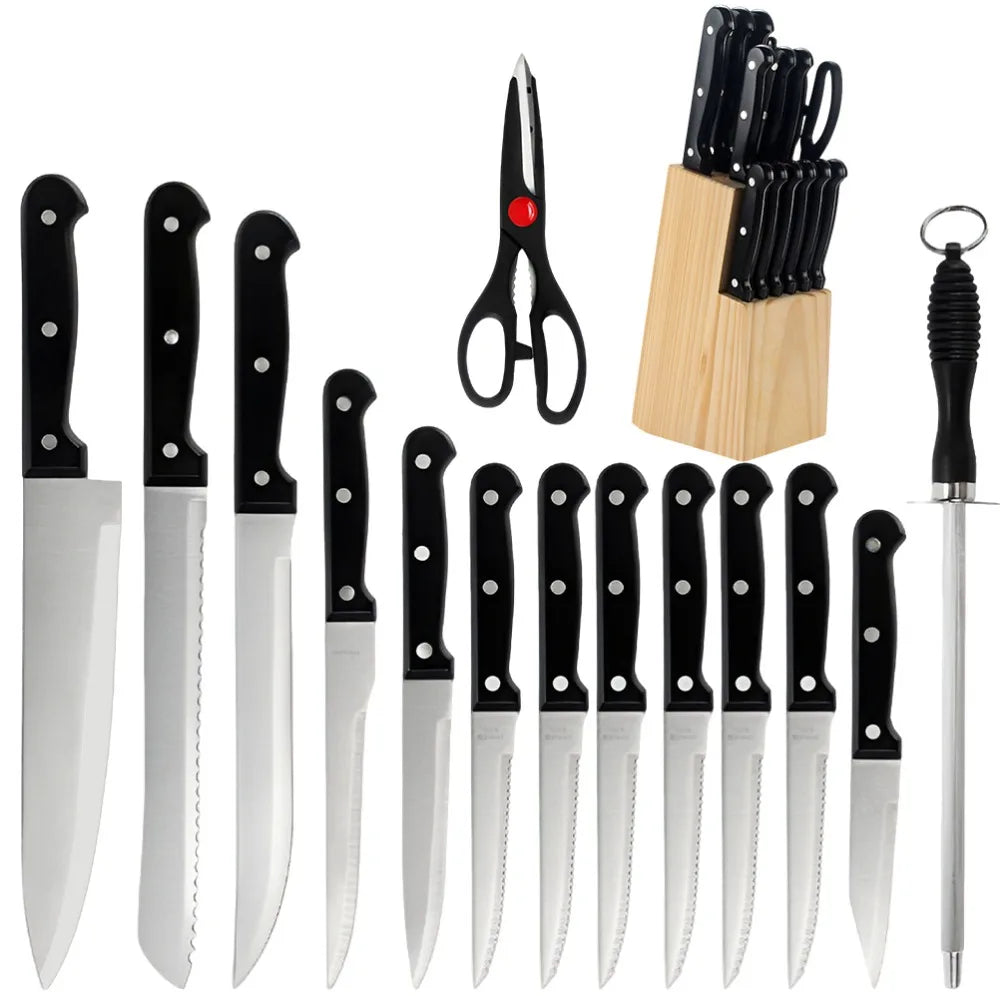 Full 15-Piece Stainless Knife Set with Scissors, Sharpening Rod, Solid Wood Knife Seat