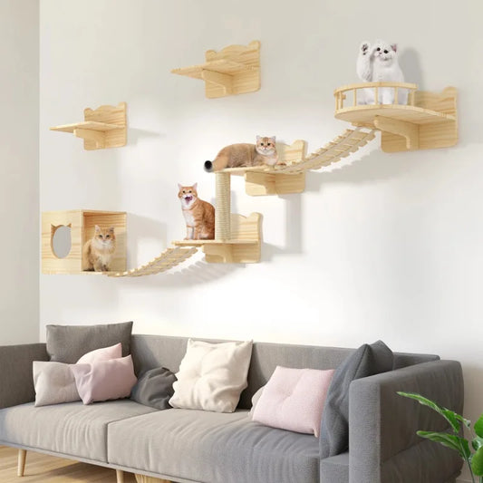 9PCS Wall-Mounted Wood Cat Climber Set