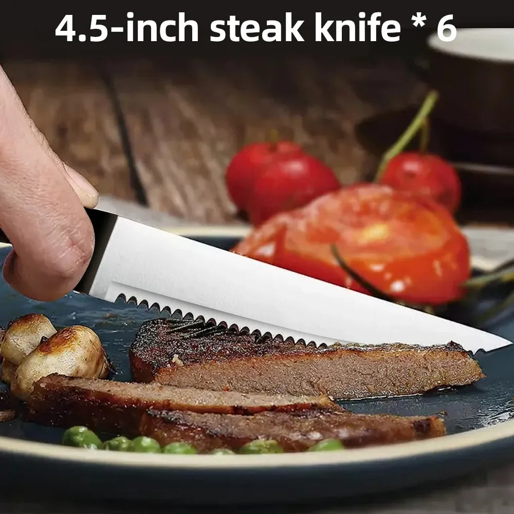 Full 15-Piece Stainless Knife Set with Scissors, Sharpening Rod, Solid Wood Knife Seat