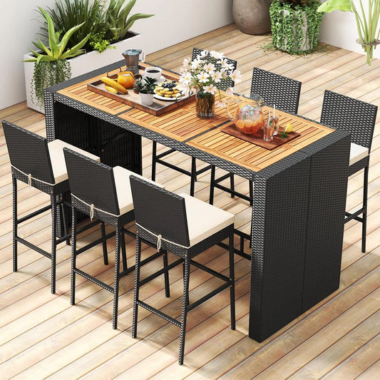 7-Piece Outdoor Bistro Bar Set - Rattan, Bar Height Dining Table w/Acacia Wood Top & 6 Bar Stools Chairs,